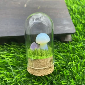 Terrarium champignon en verre avec amas de cristal et base en liege, deco de bureau.