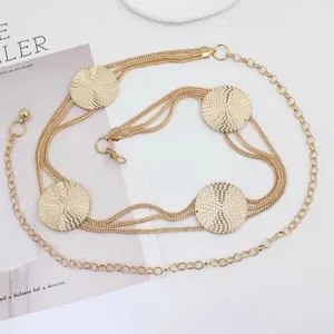 Women Metal Chain Waist Belt Fashion Gold Multi-Layered Disc Hollow Waistchain Dress Suit Decorative Body Jewelry