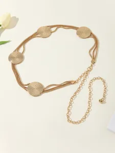 Close-up detail of the gold-tone multi-layer metal chain belt featuring textured circular discs.