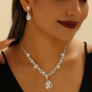 Cristal Strass Corona Collar Pendientes Set Novia Boda Fiesta Joyería Set Chapado en Plata Accesorios de Moda