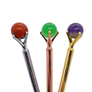 Crystal sphere ball pens with natural stone beads, elegant metal shaft for daily writing.