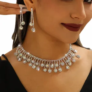 Strass Quaste Choker Halskette und Ohrringe Set, elegante Kristall Braut Schmuck für Frauen.