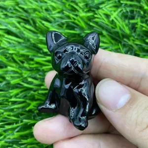 Natural gemstone crystal carved French bulldog figurine, cute black puppy crystal healing stone sculpture.