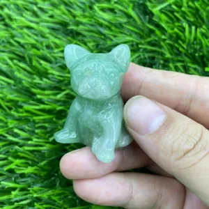 Green aventurine crystal French bulldog figurine, cute natural stone dog carving.