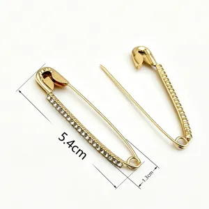 Gold rhinestone safety pin brooch decorative clothing accessory for women size 5.4cm