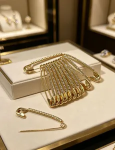 Exquisite rhinestone safety pin brooch, elegant metallic design for women's daily wear.