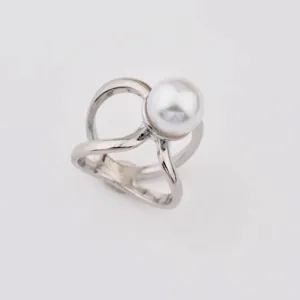 Detailed view of an elegant silver-tone metal and pearl geometric silk scarf buckle ring accessory.