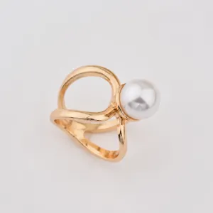 Gold-tone open loop scarf ring with a classic white pearl, elegant jewelry accessory for women.