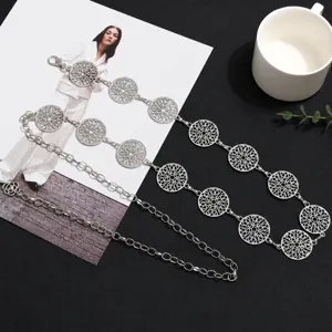 Silver metal waist chain with hollow round mesh links, versatile women belt for dress suit.