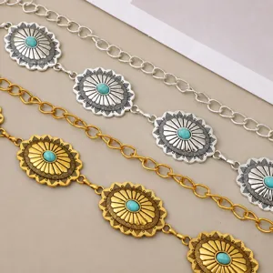 Damen Metall Retro Taillenkette Türkis eingelegt antike Silber Gürtel ethnische Kleid Kette.