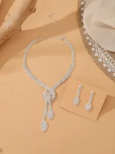 Silber Strass Halskette Ohrringe Set Kristall Tropfen Anhänger Braut Hochzeit Party Schmuck Zubehör