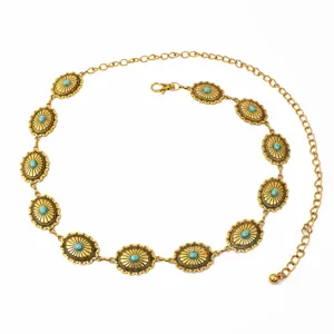Vintage Metall Taillenkette für Damen, boho Türkis Blumen Anhänger Kleid Gürtel.
