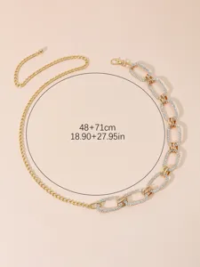 Gold rhinestone chain belt detail view, elegant metal waist accessory for stylish women.