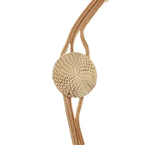 Elegant gold metallic chain belt waist accessory with round textured centerpiece for dresses.