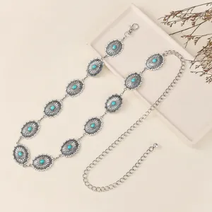Vintage Türkis Metall Taillenkette für Damen, Retro Silber Boho Kleid Gürtel verstellbar.