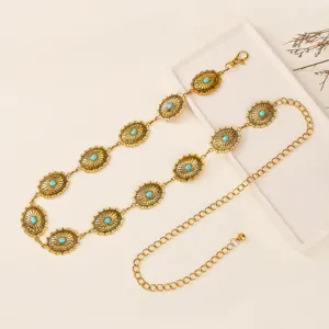 Vintage goldene Metall-Taillenkette mit Türkis-Steinen, verstellbarer Boho-Kleidergürtel für Damen.