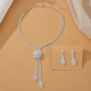 Conjunto Collar Pendientes Flor Zirconia Elegante Boda Novia Joyería Fiesta Moda