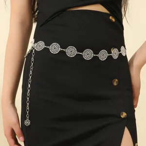 Women Metal Waist Chain Hollow Round Disc Design Versatile Dress Suit Decorative Belt Fashion Body Jewelry Chain