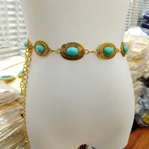 Catena da vita in metallo dorato vintage con pietre ovali turchesi, gioiello boho.
