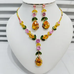 Moda Lujo Circonita Cristal Artificial Piña Collar Y Pendientes Conjunto Para Mujeres Fiesta Joyería