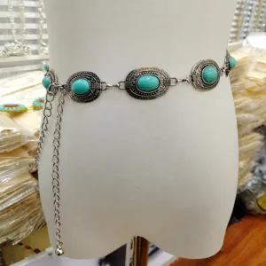 Catena da cintura in metallo turchese boho per donna, elegante cintura vintage per abiti e jeans.