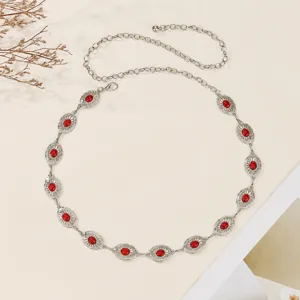 Vintage Metall Taillenkette mit roten Steinen, geschnitzte Blumenketten für Damen Kleider Ethno.
