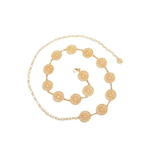 Gold metal waist chain with hollow round filigree floral discs, stylish dress accessory.