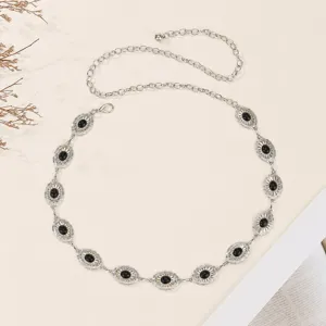 Elegante silberne Taillenkette im Retrostil mit schwarzem Stein für Damenkleider.
