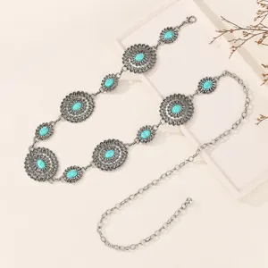 Catena da vita in metallo color argento vintage con pietre turchesi, cintura abito boho.