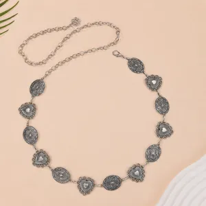 Vintage silver metal chain belt with heart and oval carved links for women dresses and jeans.