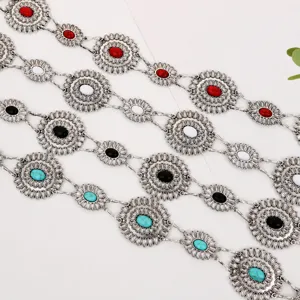Women Fashion Retro Metal Waist Chain Floral Turquoise Stone Dress Accessory Versatile Body Chain Jewelry