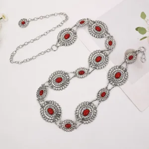 Vintage silver metal waist chain with red oval stone floral links for dress party