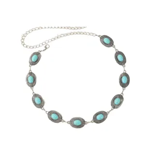 Catena da vita in metallo turchese boho per donna, cintura a catena argentata per vestito jeans.
