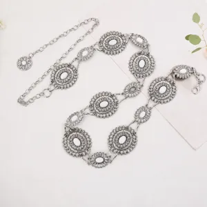 Versatile metal waist chain for women, vintage flower round disc dress accessory chain.