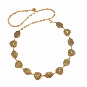Vintage gold metal waist chain with heart and oval medallions for women dress and pants chic belt