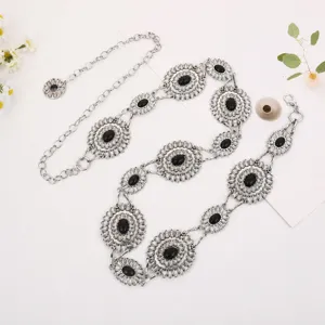 Silver metal decorative waist chain for women, retro floral dress accessory and long body chain.
