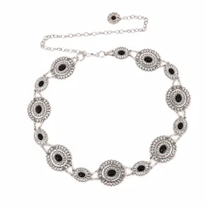 Vintage silver metal waist chain belt with black floral stone charms for dress accessories