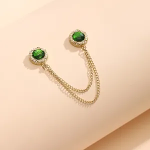 Vintage groene kristalen magnetische broche clip met dubbele ketting voor kleding