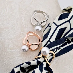 Elegant pearl scarf ring set, multi-color cross design buckle for fashion accessories.