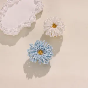 Beaded flower button cover detail, handmade shirt accessory close-up view display.