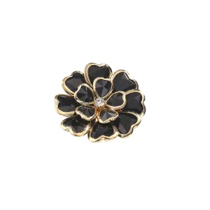 Black acrylic camellia flower button covers gold trim crystal apparel accessories 38mm