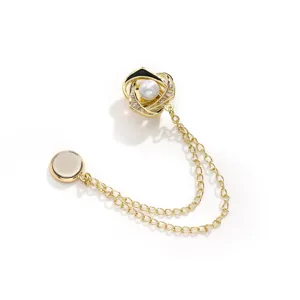 Gold camellia magnetic brooch with pearl and double chains for clothing waist adjustment