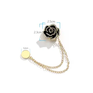Exquisite camellia rhinestone flower brooch detail view, elegant double chain pin view