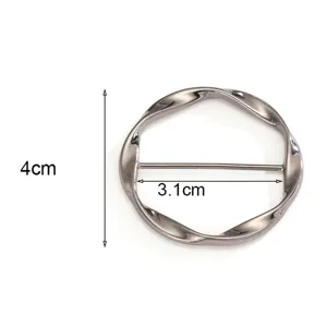 Silver metal twisted round scarf buckle detail shot showing size, versatile clothing corner ring.
