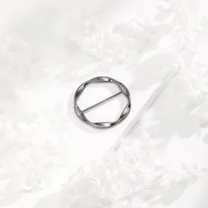 Silver twisted circular scarf buckle, elegant metallic clothing corner clip for women daily wear.