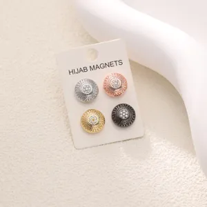 Set of 4 vintage round magnetic hijab pins with rhinestone center, elegant scarf magnets.