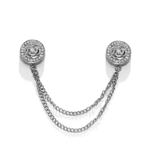 Zilverkleurige camelia strass magnetische broche speld met dubbele ketting hoofdaanzicht