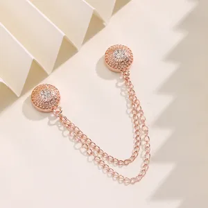 Rose gold magnetic scarf clip closeup, vintage round rhinestone double chain buckle design.