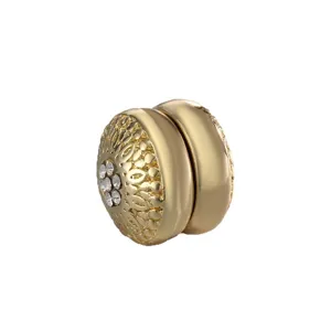 Gold magnetic scarf buckle round retro hijab pin with sparkling rhinestones and floral carving.