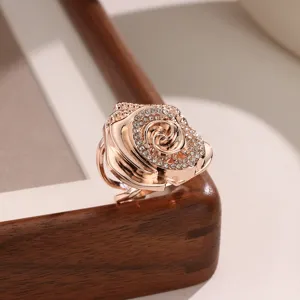 Exquisite rose silk scarf buckle featuring sparkling rhinestones, elegant 3D floral ring accessory.